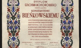 Dyplom Członka Honorowego Abstynenckiej Ligii Kolejowej nadany Konstantemu Bieńkowskiemu w styczniu 1937 roku